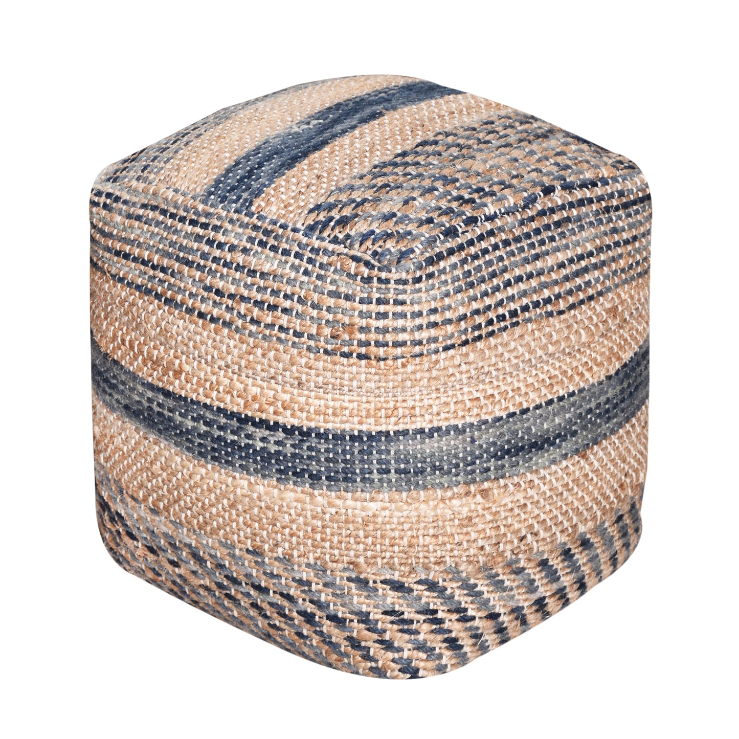 Caiman Pouf, Wool, Hemp, Natural, Blue, Pitloom, Flat Weave 