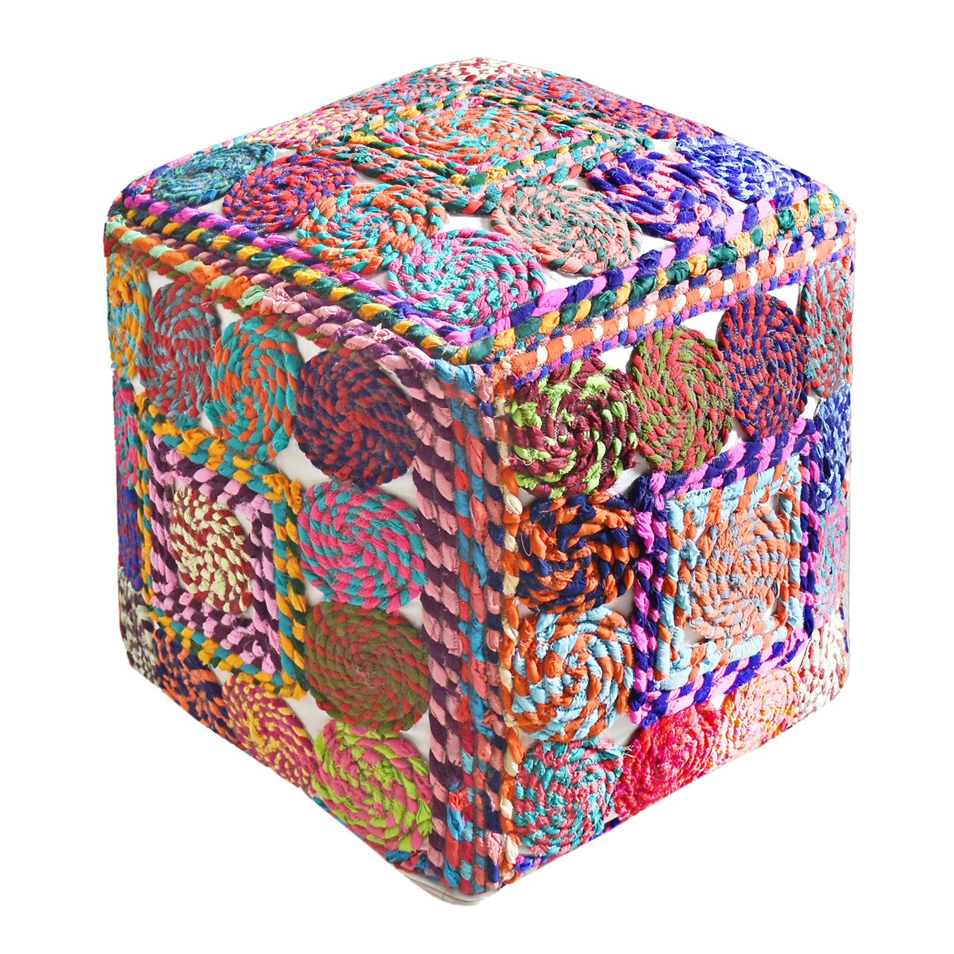 Colwyn Pouf , Jodhpuri Dori, Multi, Hm Stitching, Flat Weave