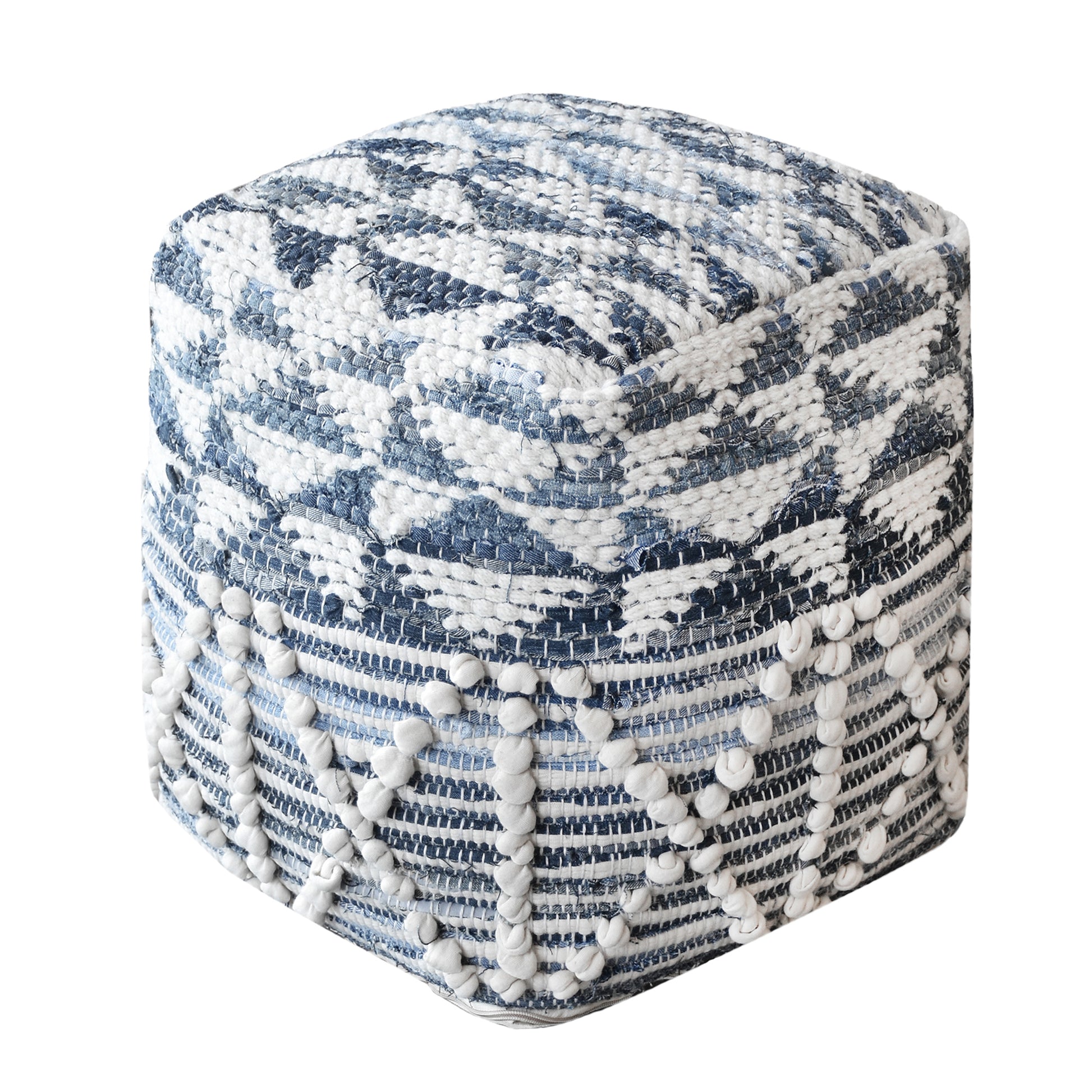 Cooray Pouf, Recycled Denim, Wool, Cotton, Natural White, Blue, Pitloom, All Loop