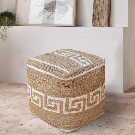 Cordoba Pouf, Jute, Wool, Natural, Natural White, Hm Stitching, Flat Weave