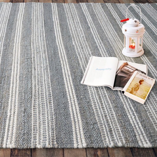 Area Rug, Bedroom Rug, Living Room Rug, Living Area Rug, Indian Rug, Office Carpet, Office Rug, Shop Rug Online, Hemp, Wool, Grey, Natural White, Pitloom, Flat Weave, Stripes
