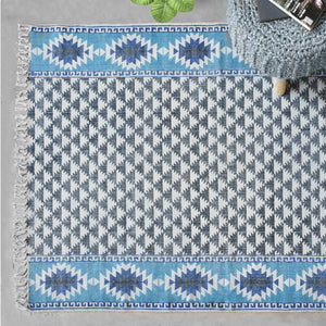 Area Rug, Bedroom Rug, Living Room Rug, Living Area Rug, Indian Rug, Office Carpet, Office Rug, Shop Rug Online, Cotton, Blue, Grey, Pitloom, Flat Weave, Printed