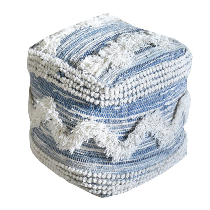 Elkins Pouf, Wool, Recycled Denim, Blue, Natural White, Pitloom, Cut And Loop