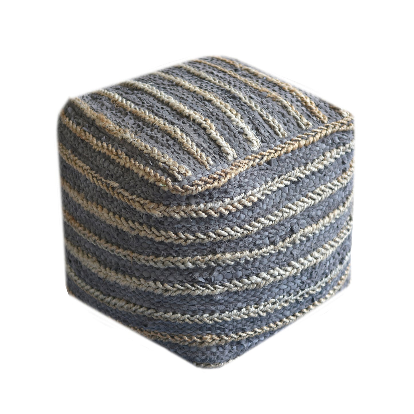 Estella Pouf , Leather, Hemp, Charcoal, Pitloom, Flat Weave
