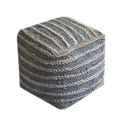 Estella Pouf , Leather, Hemp, Charcoal, Pitloom, Flat Weave
