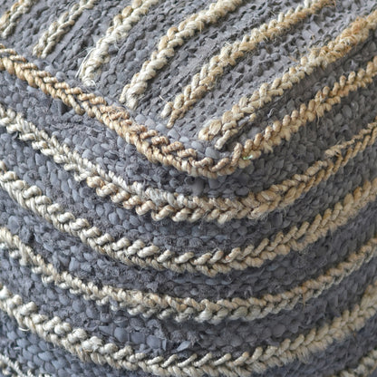 Estella Pouf , Leather, Hemp, Charcoal, Pitloom, Flat Weave