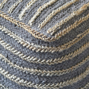 Estella Pouf , Leather, Hemp, Charcoal, Pitloom, Flat Weave