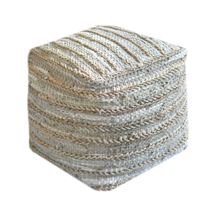 Estella Pouf , Leather, Hemp, Grey, Pitloom, Flat Weave