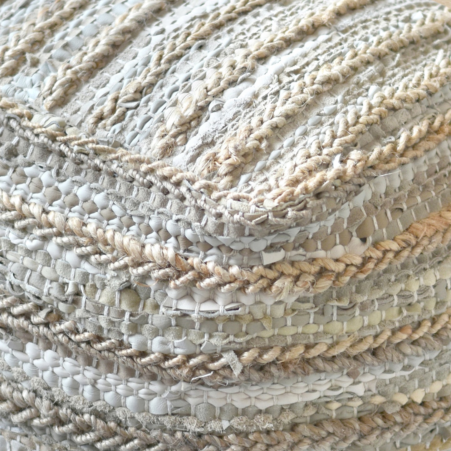 Estella Pouf , Leather, Hemp, Grey, Pitloom, Flat Weave