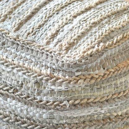 Estella Pouf , Leather, Hemp, Grey, Pitloom, Flat Weave