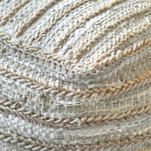 Estella Pouf , Leather, Hemp, Grey, Pitloom, Flat Weave