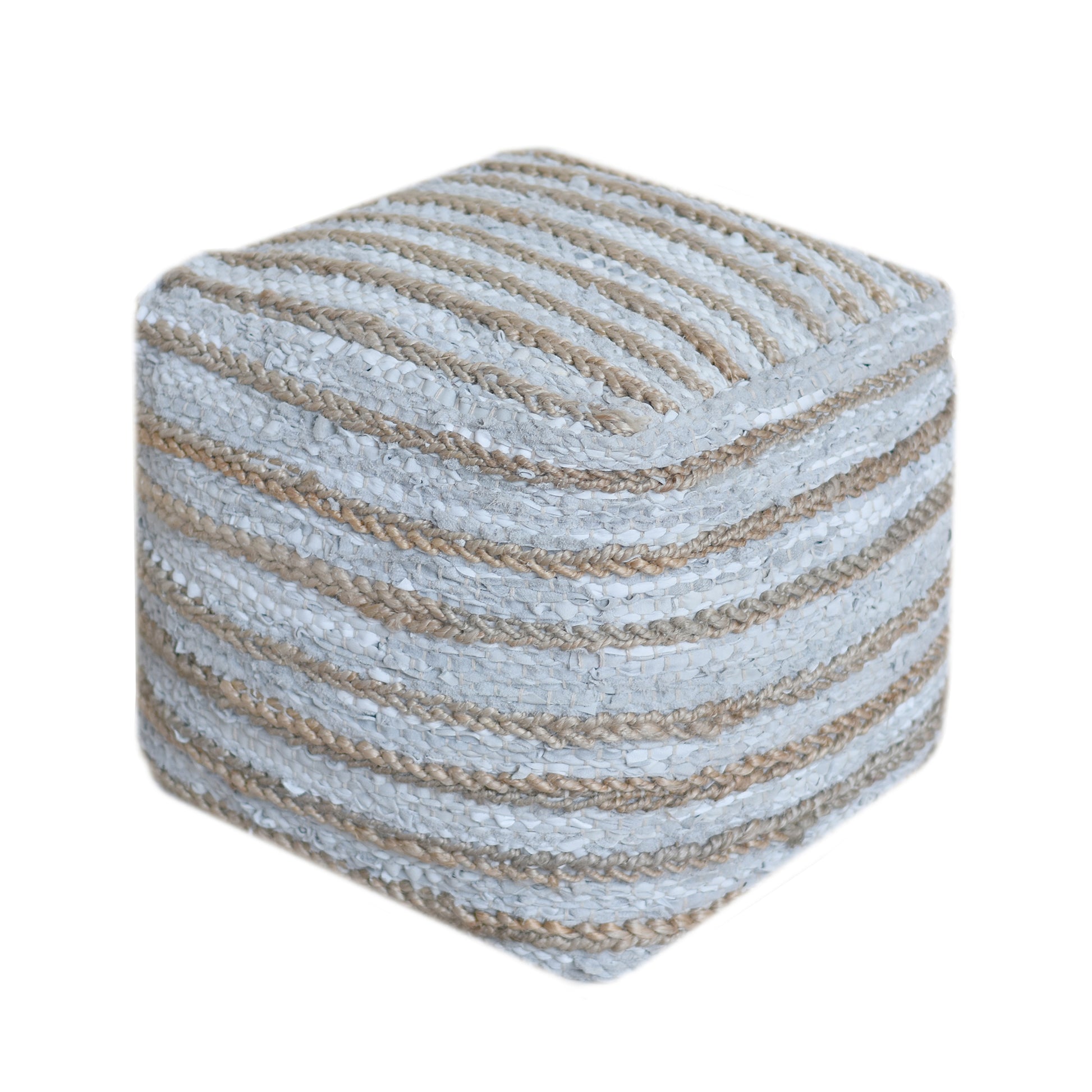 Estella Pouf , Leather, Hemp, Stone, Pitloom, Flat Weave