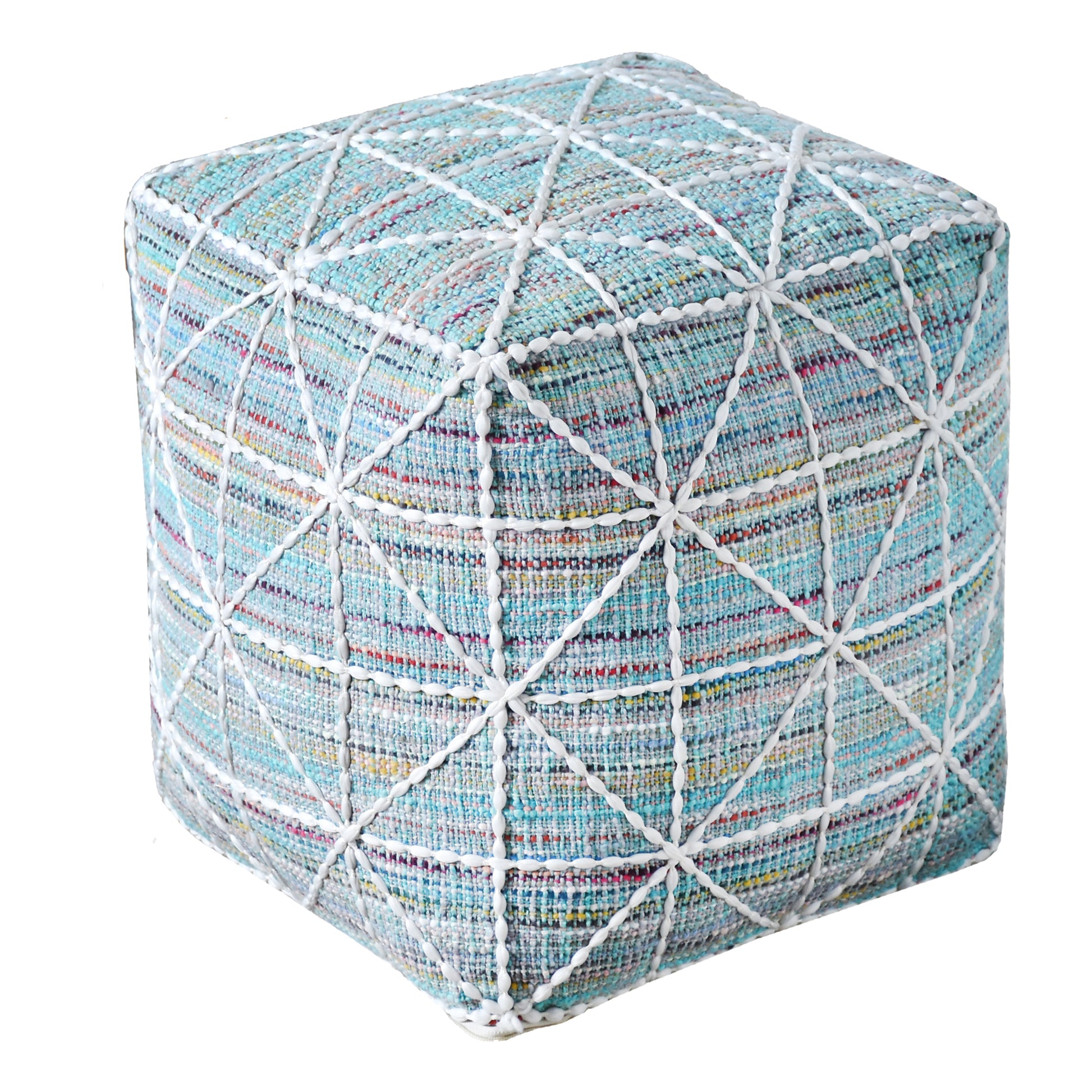 Ferry Pouf, Cotton, Polyester,  Aqua, Hand woven, Flat Weave