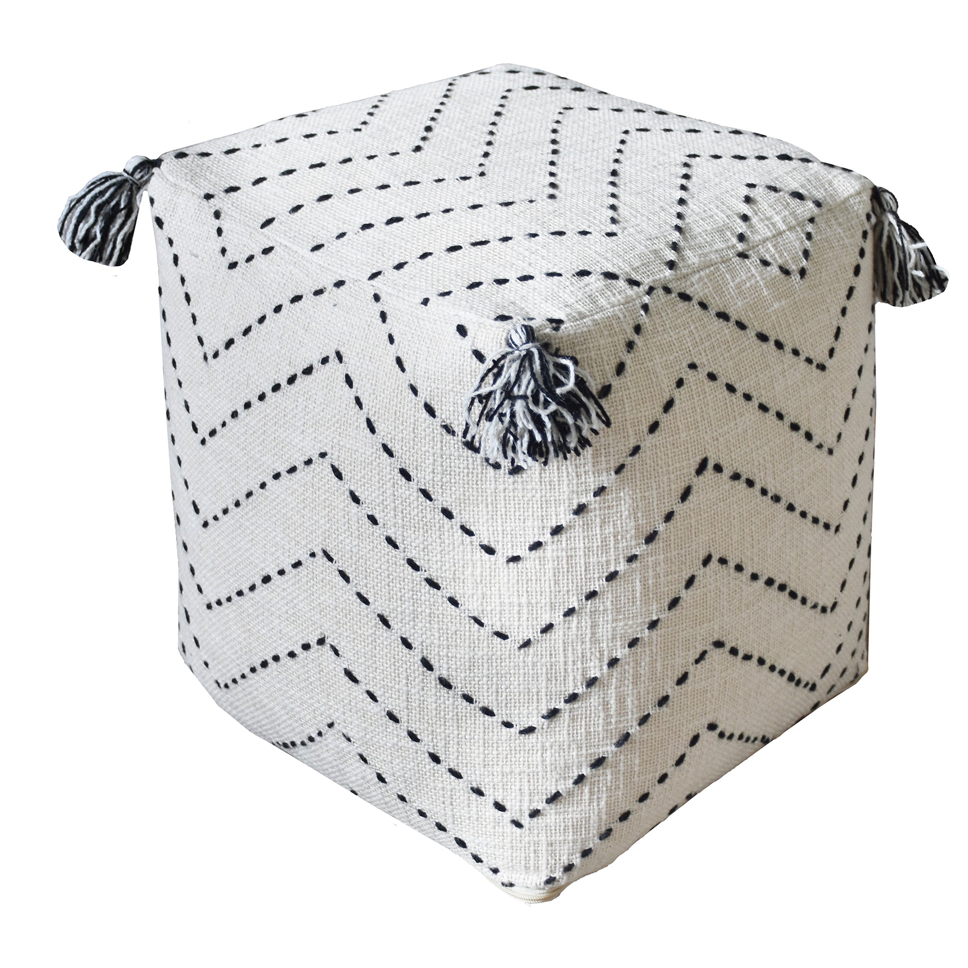 Frissell Pouf, Cotton, Wool, Natural White, Charcoal, Hm Stitching, Flat Weave