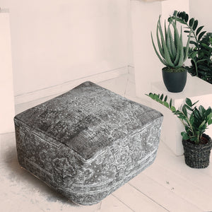 Ganbia Pouf, Cotton Chenille, Grey, Jaquard Durry, Flat Weave