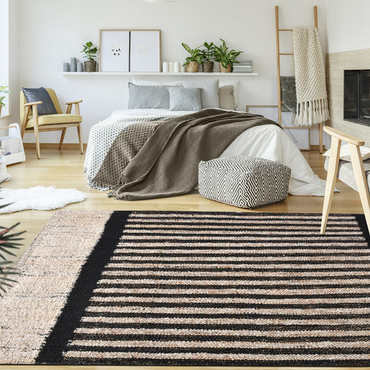 Area Rug, Bedroom Rug, Living Room Rug, Living Area Rug, Indian Rug, Office Carpet, Office Rug, Shop Rug Online, Jute Wool Blend, Natural, Charcoal, Punja, Flat Weave, geometric