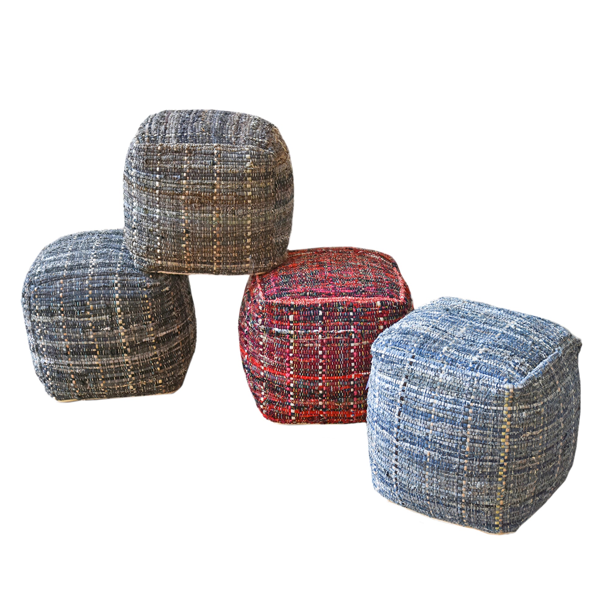 Harris Pouf, Recycled Cotton Fabric, Denim, Pitloom, Flat Weave