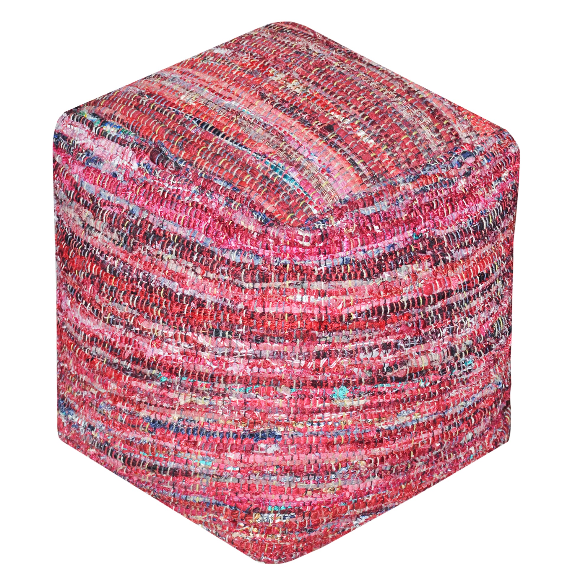 Harris Pouf, Recycled Cotton Fabric, Denim, Red, Pitloom, Flat Weave