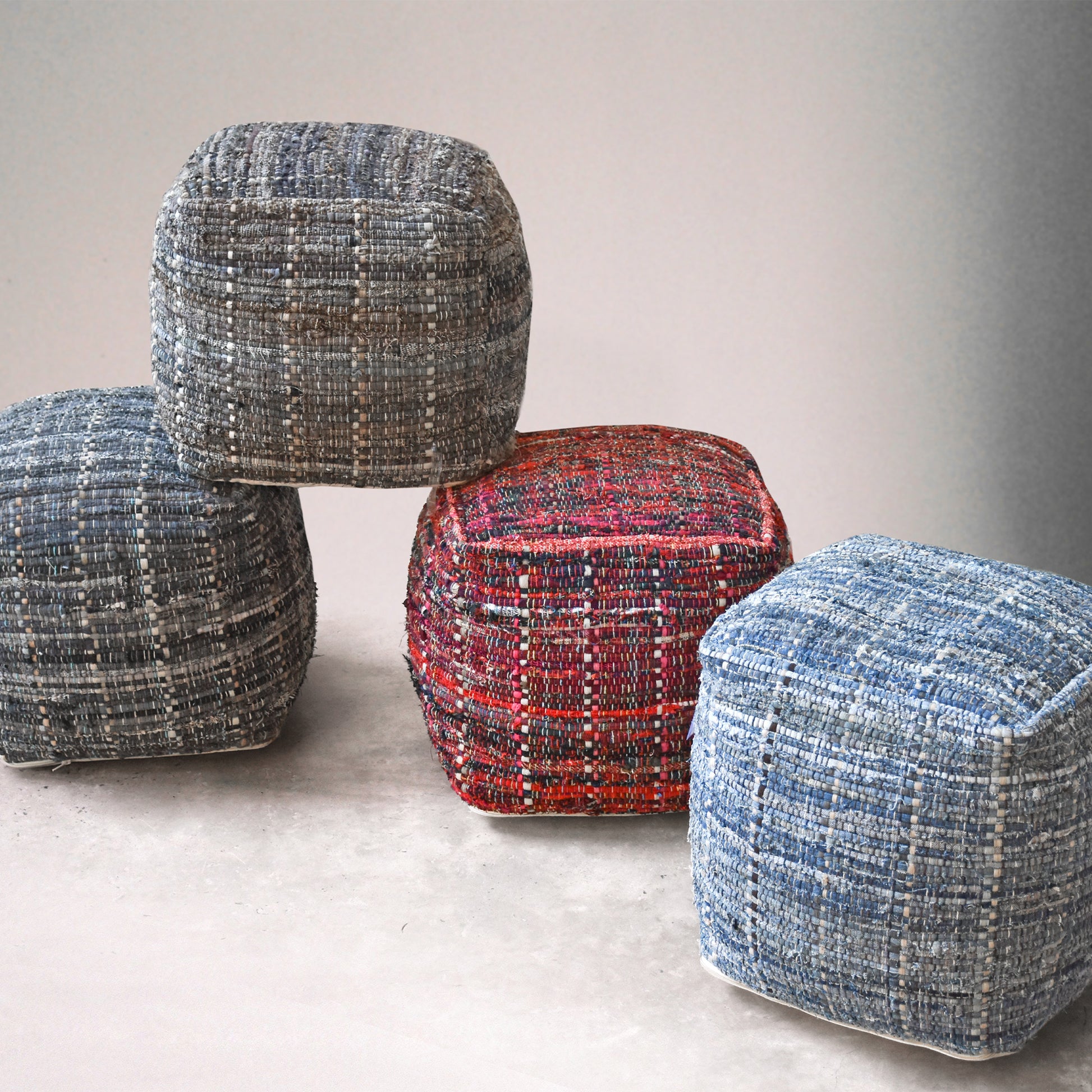 Harris Pouf, Recycled Cotton Fabric, Denim, Pitloom, Flat Weave