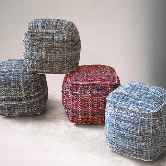 Harris Pouf, Recycled Cotton Fabric, Denim, Pitloom, Flat Weave