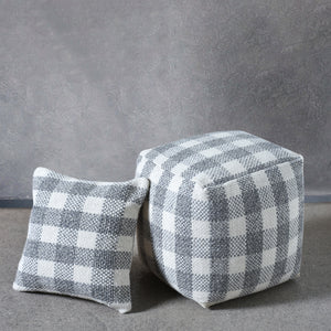 Jade Pouf, Wool, Natural White, Grey, Hand woven, Flat Weave