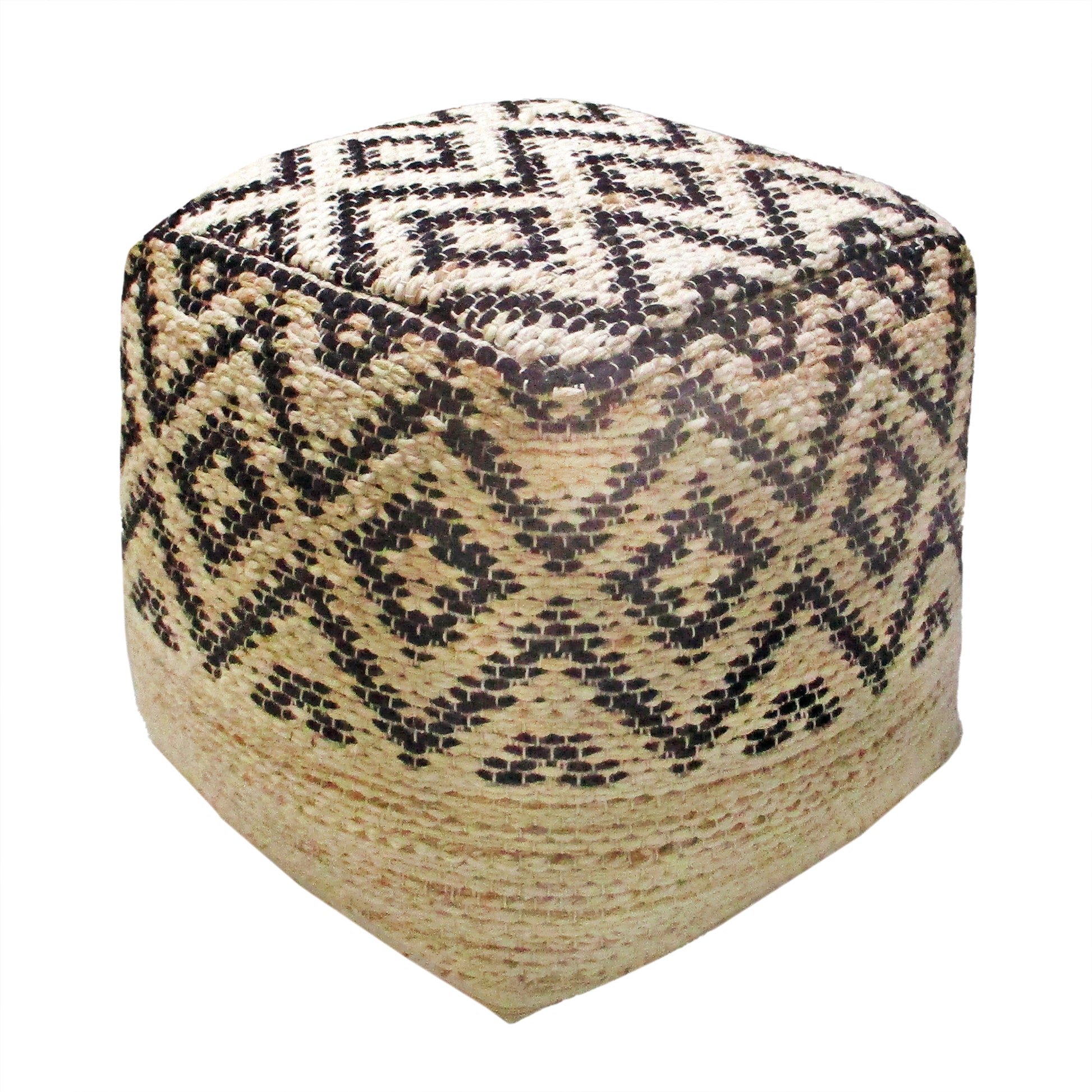 Kadoma Pouf, Wool, Hemp, Natural White, Charcoal, Pitloom, Flat Weave 