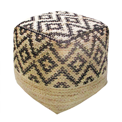 Kadoma Pouf, Wool, Hemp, Natural White, Charcoal, Pitloom, Flat Weave 