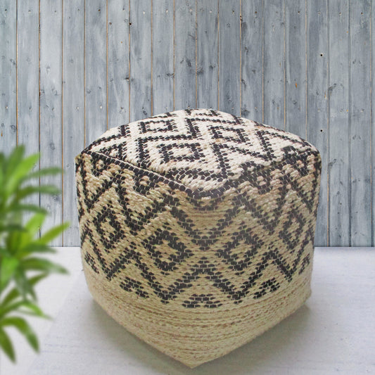 Kadoma Pouf, Wool, Hemp, Natural White, Charcoal, Pitloom, Flat Weave 
