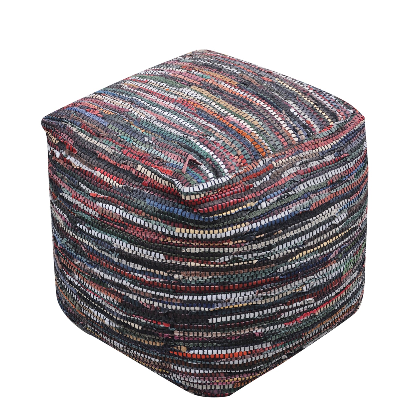 Kasas Pouf, Recycled Leather, Multi, PUNJA / FLAT WEAVE 