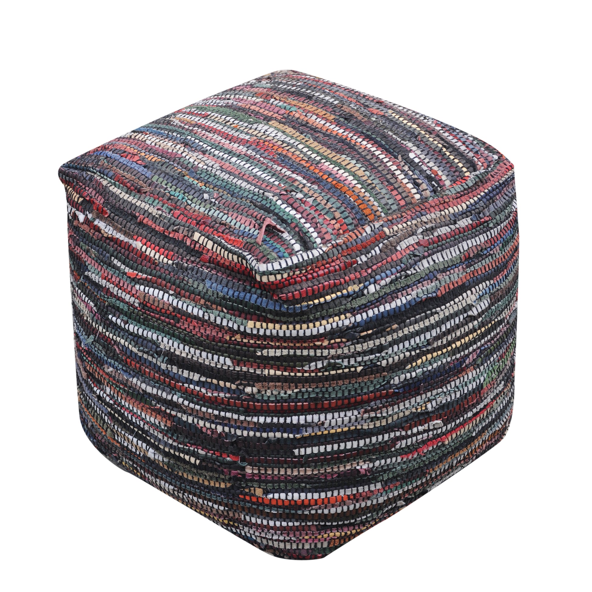 Kasas Pouf, Recycled Leather, Multi, PUNJA / FLAT WEAVE 