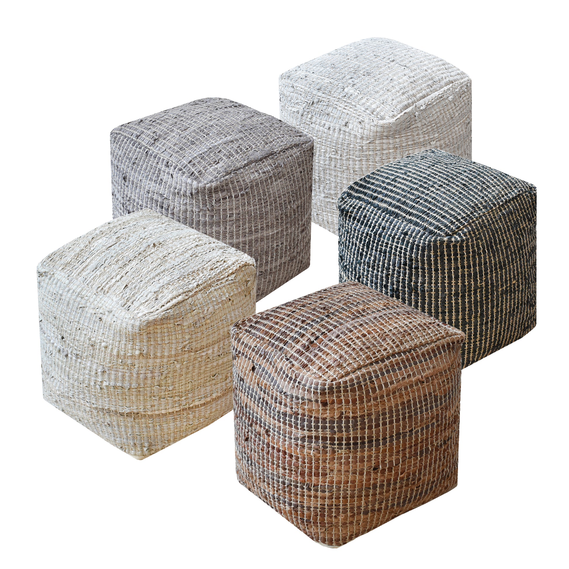 Konya Pouf, Leather, Hemp, Pitloom, Flat Weave 