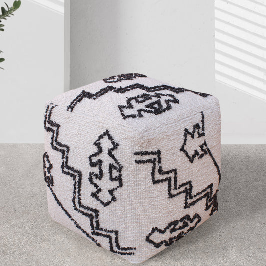 Kromid Pouf, Wool, Natural White, Charcoal, Hand woven, All Loop 