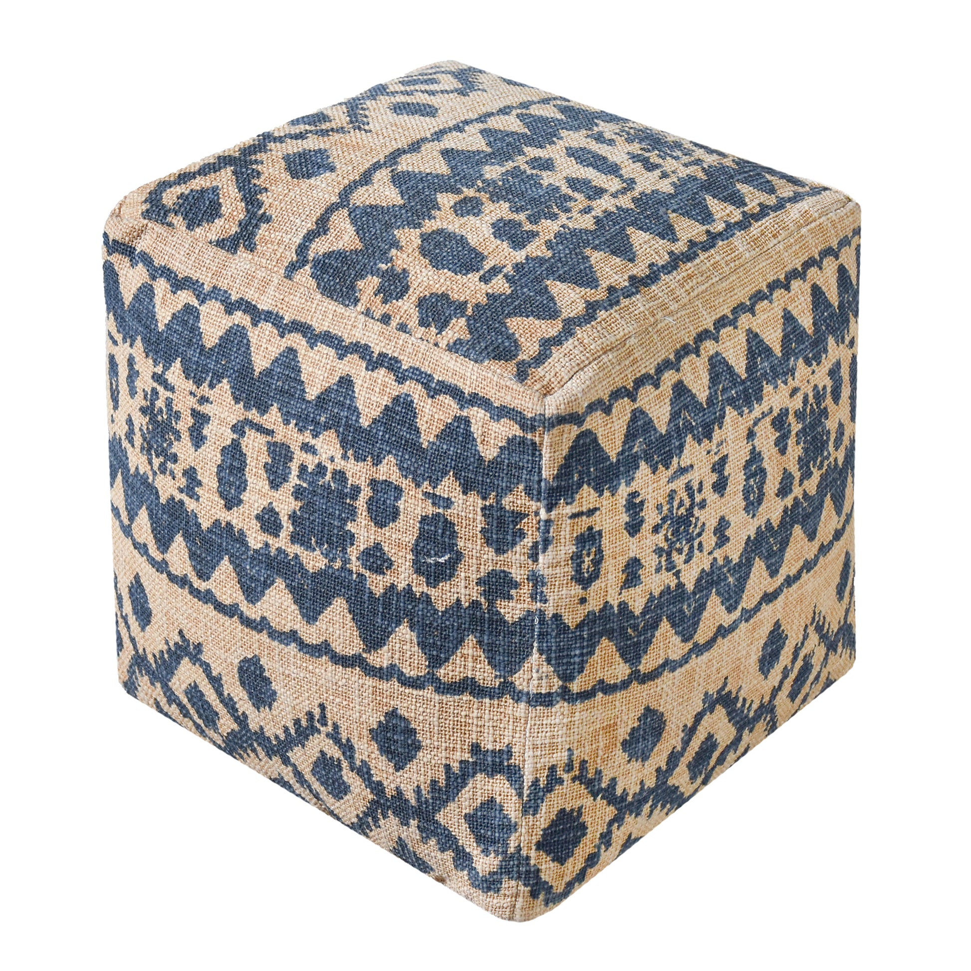 Laurent Pouf, Cotton, Printed, Beige,Blue, Hand woven, Flat Weave 