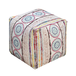 Levice Pouf, Cotton, Printed, Polyester, Natural White, Multi, PITLOOM / FLAT WEAVE