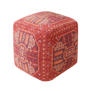 Ligovo Pouf, Cotton, Polyester, Rust, Multi, Jaquard Durry, Flat Weave 