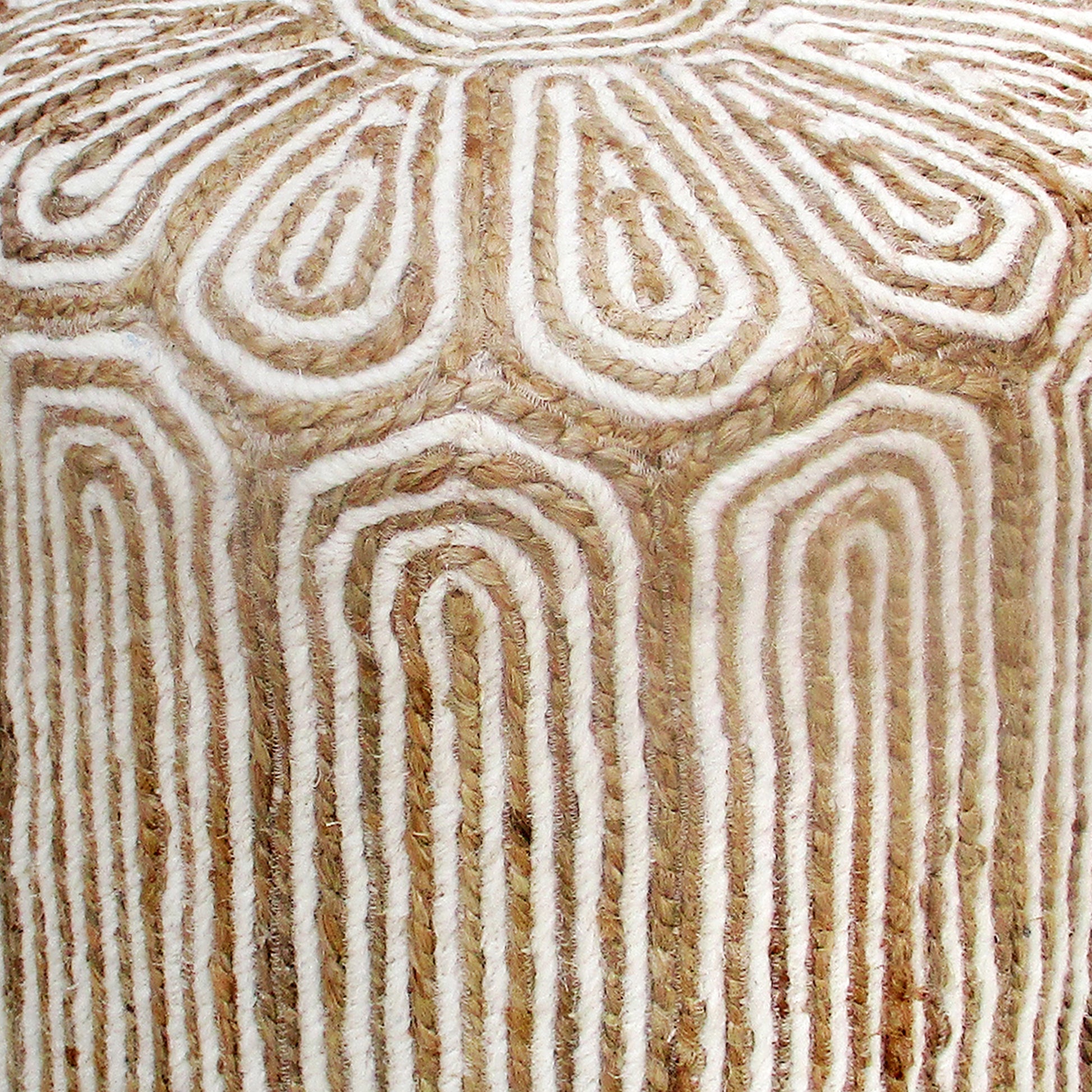 Maslin Round Pouf, Jute, Wool, Natural,Natural White, Hm Stitching, Flat Weave 