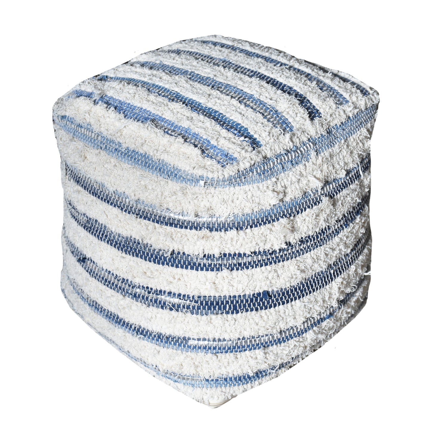 Mayama Pouf, Recycled Denim, Cotton, Rexine, Natural White,Blue, Pitloom, Flat Weave 