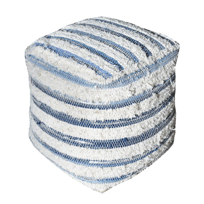Mayama Pouf, Recycled Denim, Cotton, Rexine, Natural White,Blue, Pitloom, Flat Weave 