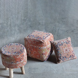 Meron Pouf, Cotton Chenille, Terra,Multi, Jaquard Durry, Flat Weave 