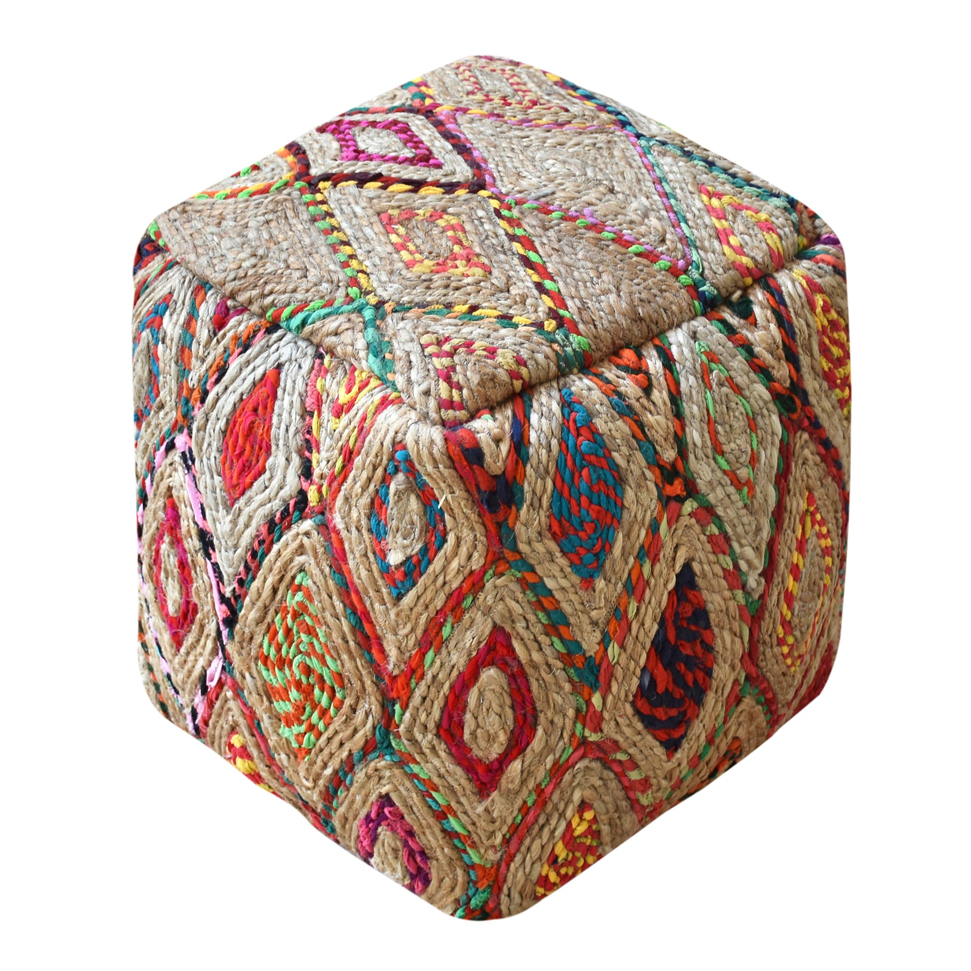 Myrina Pouf, Hemp, Recycled Fabric, Multi, PUNJA / FLAT WEAVE