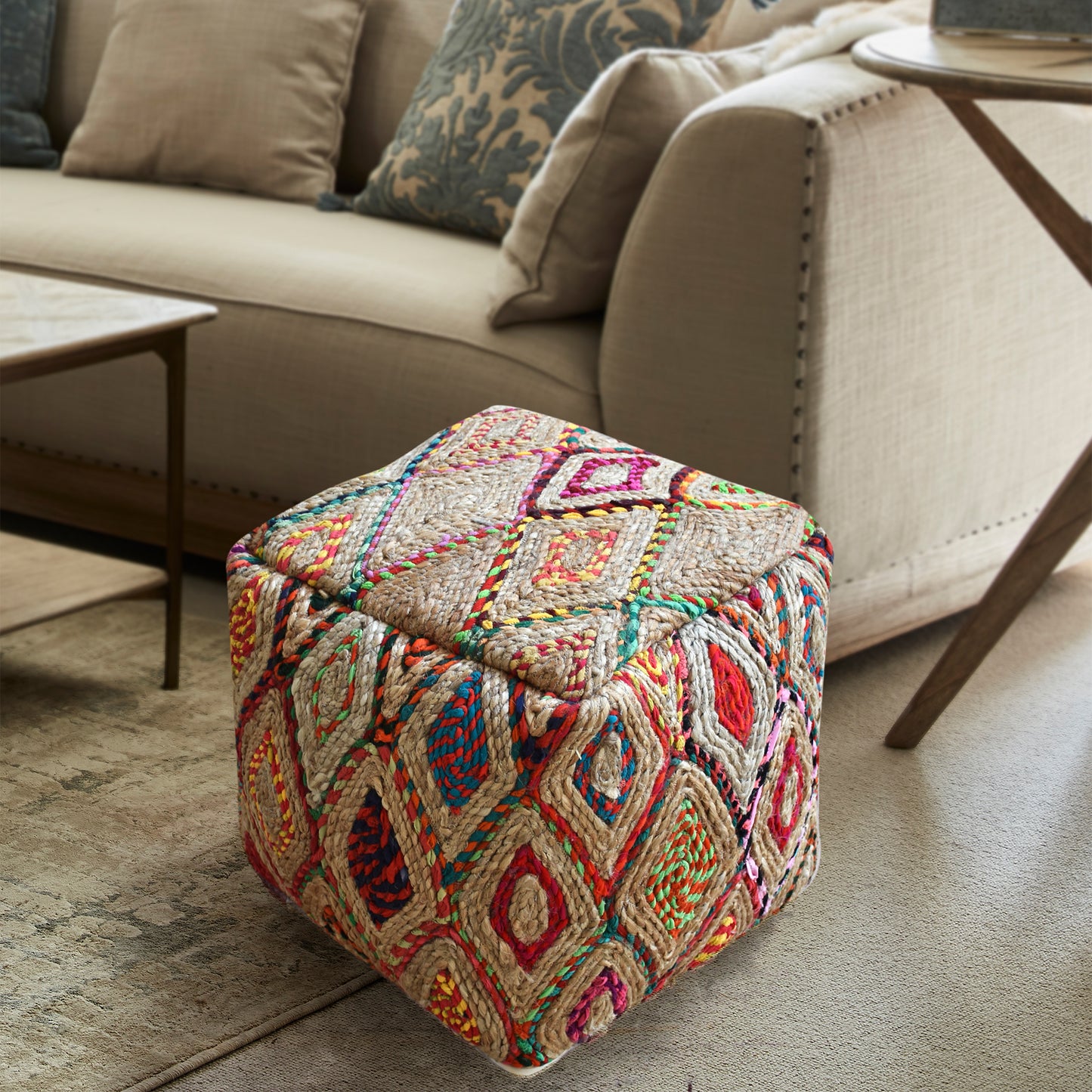 Myrina Pouf, Hemp, Recycled Fabric, Multi, PUNJA / FLAT WEAVE