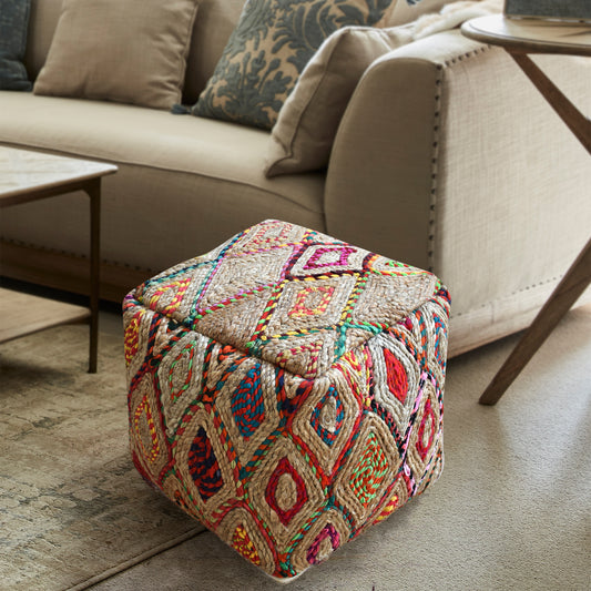 Myrina Pouf, Hemp, Recycled Fabric, Multi, PUNJA / FLAT WEAVE