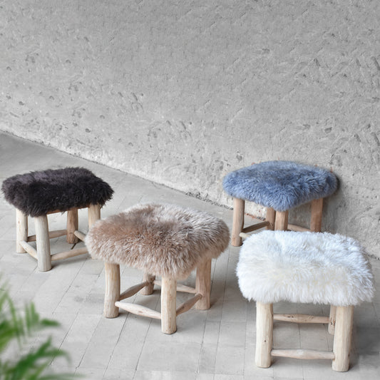 Nordic Square Stool, Sheep Hide,  Hm Stitching, Flat Weave 