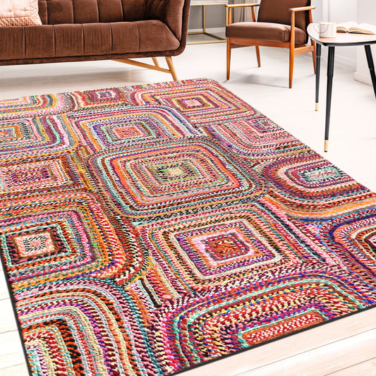Area Rug, Bedroom Rug, Living Room Rug, Living Area Rug, Indian Rug, Office Carpet, Office Rug, Shop Rug Online, Recycled Fabric, Multi, Hm Stitching, Flat Weave, Geometrical