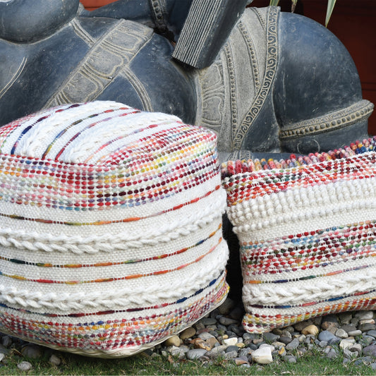 Patra Pouf, Wool, Natural White, Multi