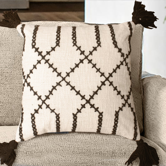 Paulin Cushion, Cotton, Wool, Natural White, Charcoal, Hm Stitching, Flat Weave