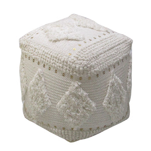 Pontar Pouf , Cotton, Metal Sequins, Natural White, Pitloom, Cut And Loop 