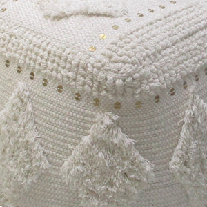 Pontar Pouf , Cotton, Metal Sequins, Natural White, Pitloom, Cut And Loop 