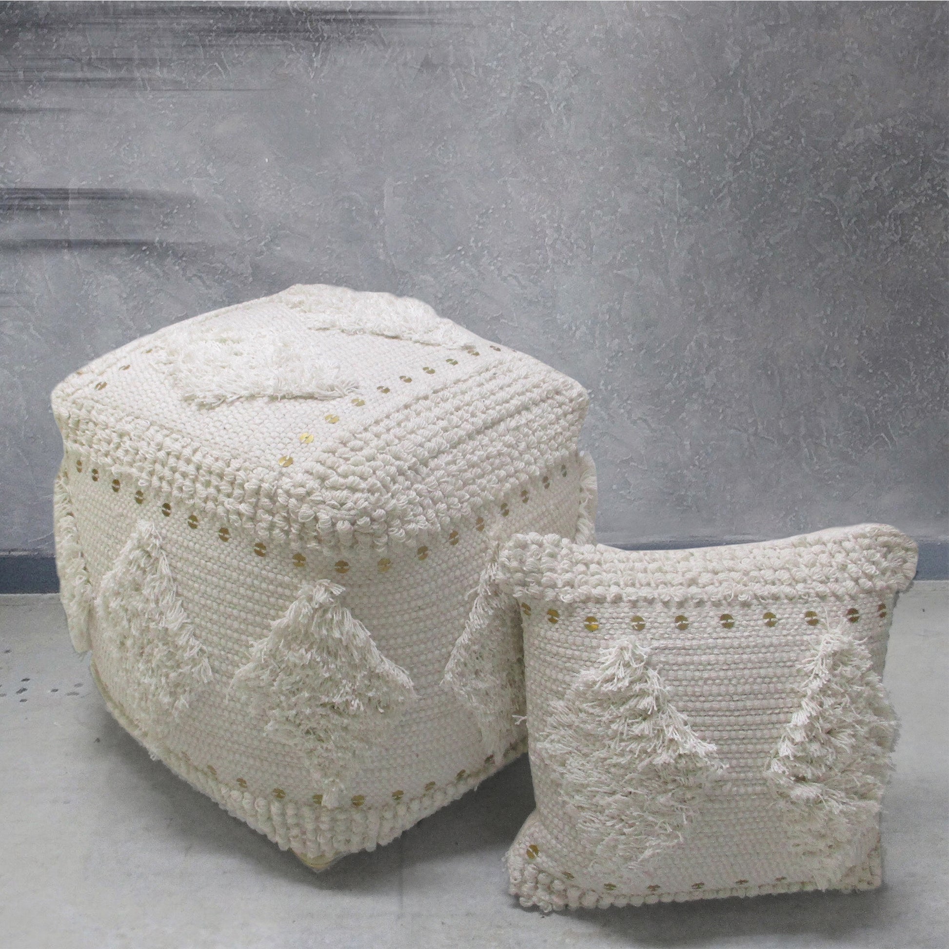 Pontar Pouf , Cotton, Metal Sequins, Natural White, Pitloom, Cut And Loop 