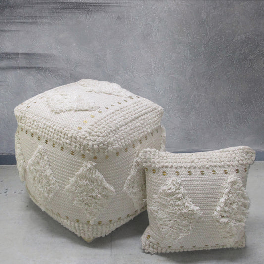Pontar Pouf , Cotton, Metal Sequins, Natural White, Pitloom, Cut And Loop 